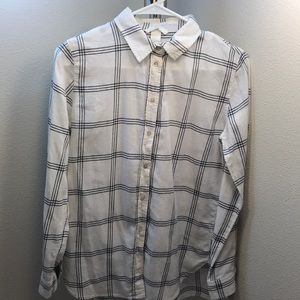 Off white plaid shirt with black strips.